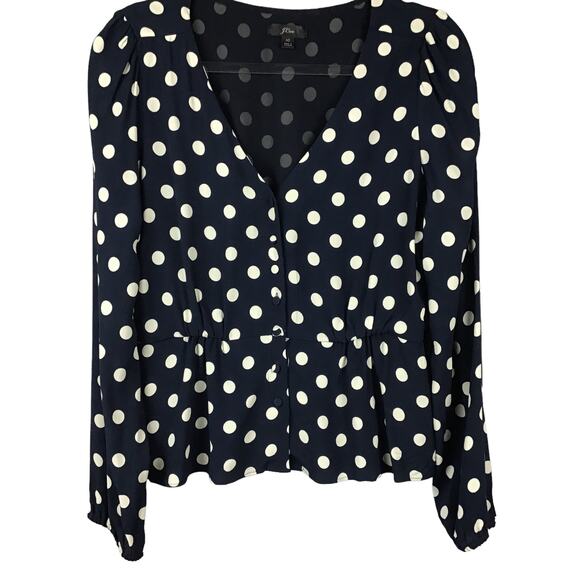 J Crew Navy Blue Cream Polka Dot Silky Peplum Crepe Fitted Button Up Down Top 10 - Picture 3 of 9